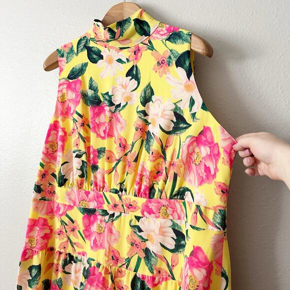 Eliza J. Yellow & Pink Floral Tie Back Mock Neck Mini Dress Women's Size 18W - Picture 3 of 14